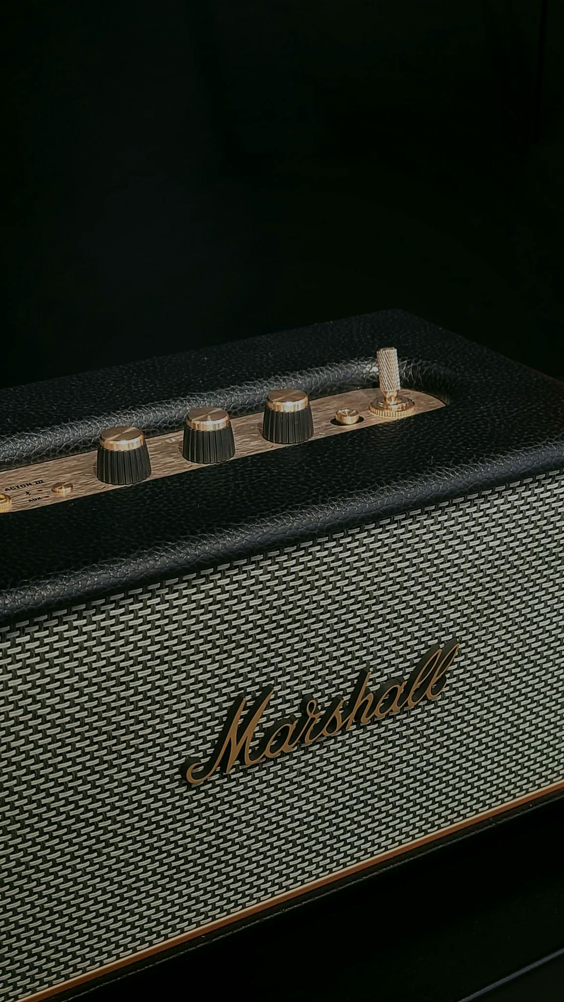 Close-up of a classic Marshall amplifier speaker with textured design and knobs.